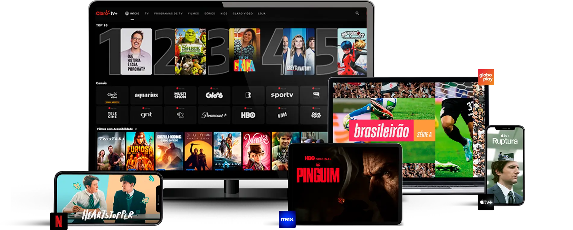 Imagem de uma televisão com o aplicativo Claro tv+, celular deitado com o aplicativo Netflix, tablet com o aplicativo MAX, notebook com o aplicativo Globoplay e celular em pé com o aplicativo Apple TV+